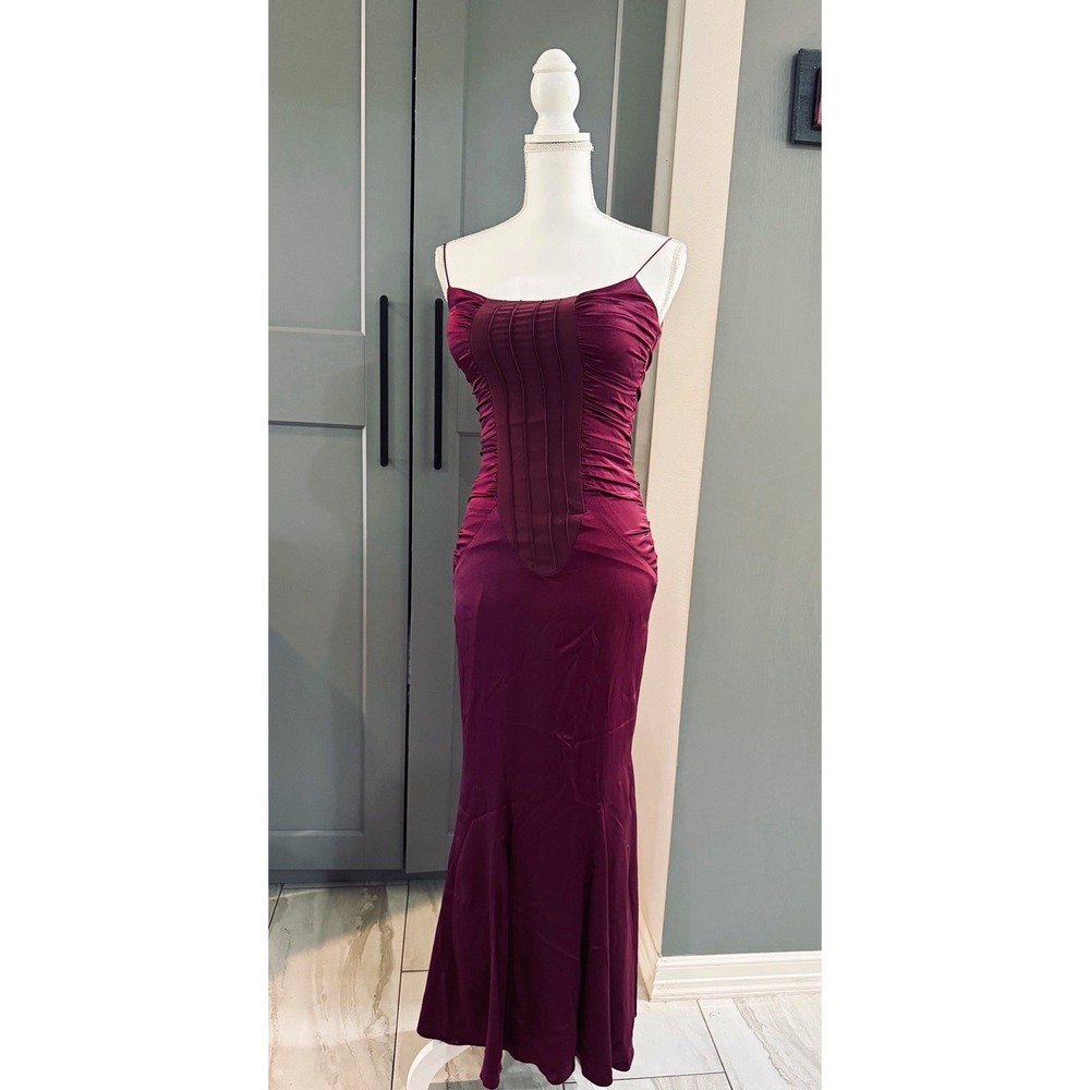 Nicole Miller Purple raspberry Silk Ruched Spaghetti Strap Long Dress size 2